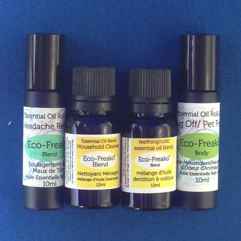 Eco-Freako Essential oil blends in 12ml bottles and 10ml roll-ons