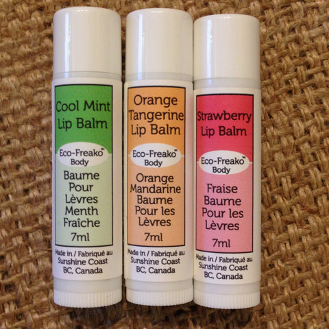 Three tubes of Eco-Freako Natural Lip Balms