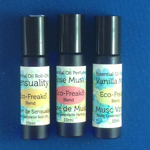 Eco-Freako Essential Oil Perfume Roll-ons in 10ml cobalt blue glass bottles