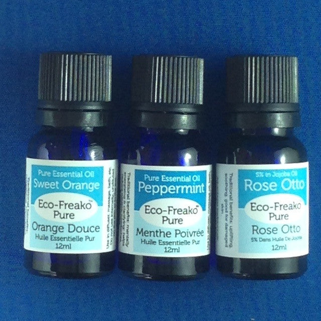 3 varieties of Eco-Freako Pure Essential Oils in 12ml blue cobalt bottle